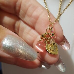 Solid 14K Yellow Gold LOVE Charm Necklace Beads Heart Floral Accents 16-18"